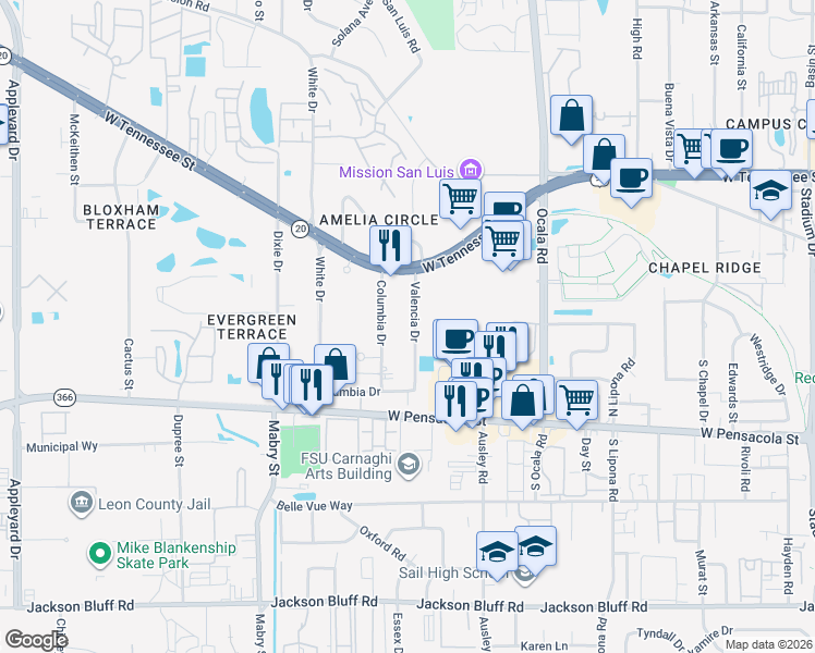 map of restaurants, bars, coffee shops, grocery stores, and more near 214 Valencia Drive in Tallahassee