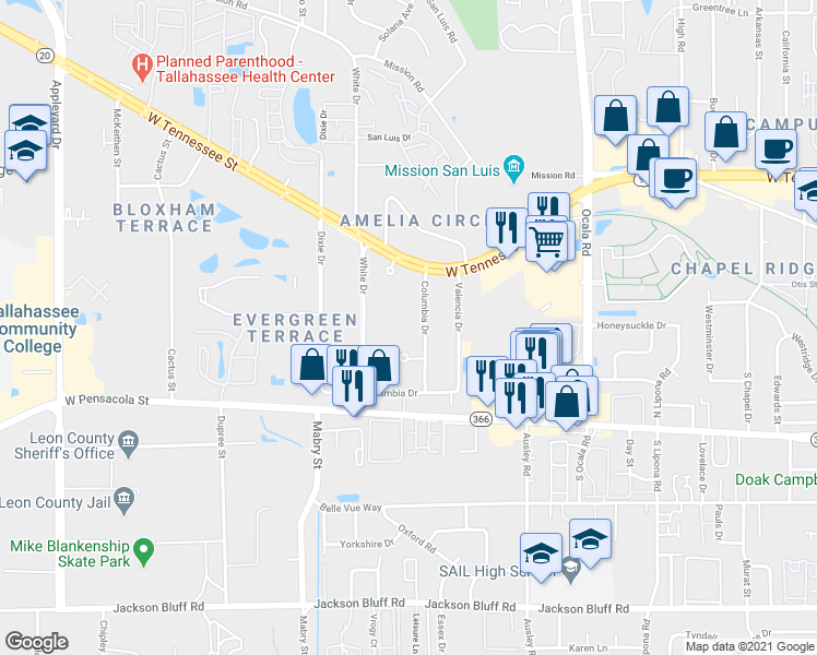 map of restaurants, bars, coffee shops, grocery stores, and more near 214 Columbia Drive in Tallahassee