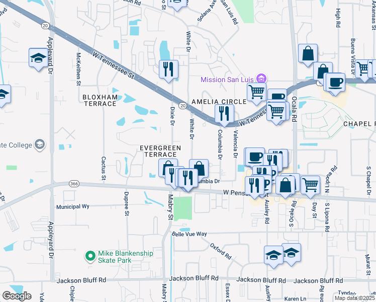 map of restaurants, bars, coffee shops, grocery stores, and more near 227 Dixie Drive in Tallahassee