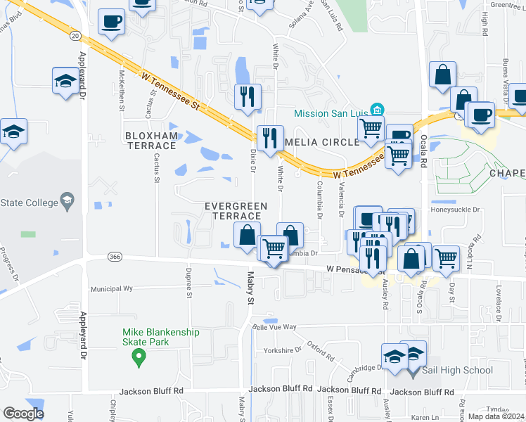 map of restaurants, bars, coffee shops, grocery stores, and more near 227 Dixie Drive in Tallahassee