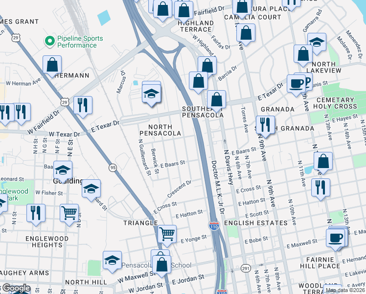 map of restaurants, bars, coffee shops, grocery stores, and more near 3017 N Tarragona St in Pensacola
