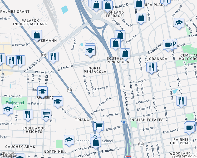 map of restaurants, bars, coffee shops, grocery stores, and more near 3014 North Miller Street in Pensacola