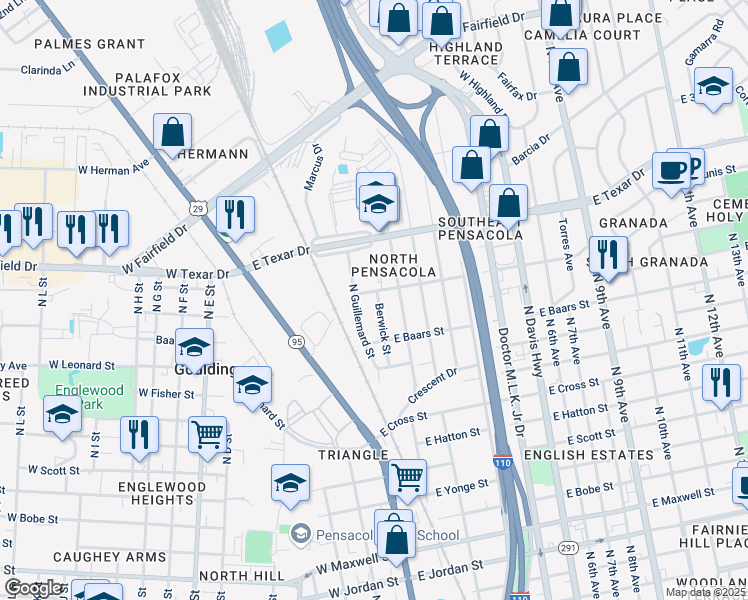 map of restaurants, bars, coffee shops, grocery stores, and more near 103 East Anderson Street in Pensacola