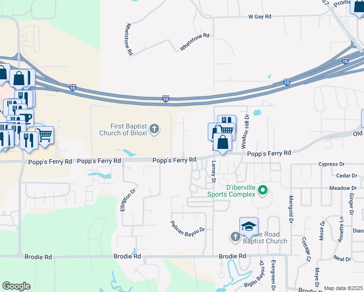 map of restaurants, bars, coffee shops, grocery stores, and more near 933 Greystone Drive in Biloxi