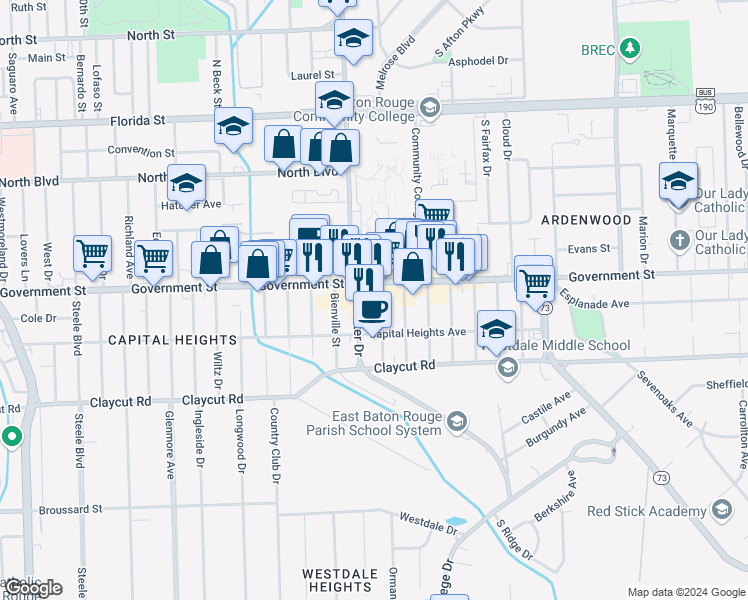 map of restaurants, bars, coffee shops, grocery stores, and more near 545 South Foster Drive in Baton Rouge