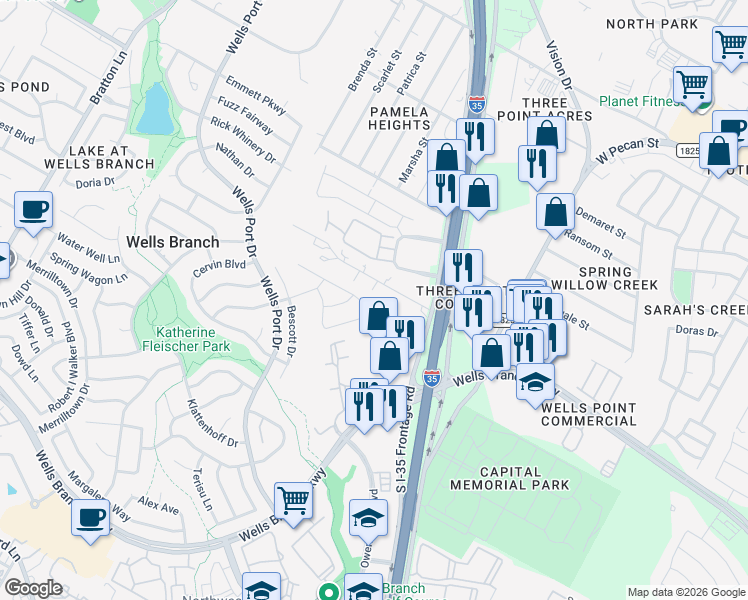 map of restaurants, bars, coffee shops, grocery stores, and more near 14909 Purslane Meadow Trail in Austin