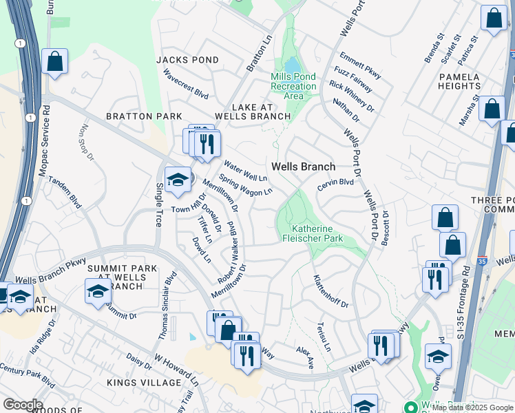 map of restaurants, bars, coffee shops, grocery stores, and more near 14614 Gold Fish Pond Avenue in Austin