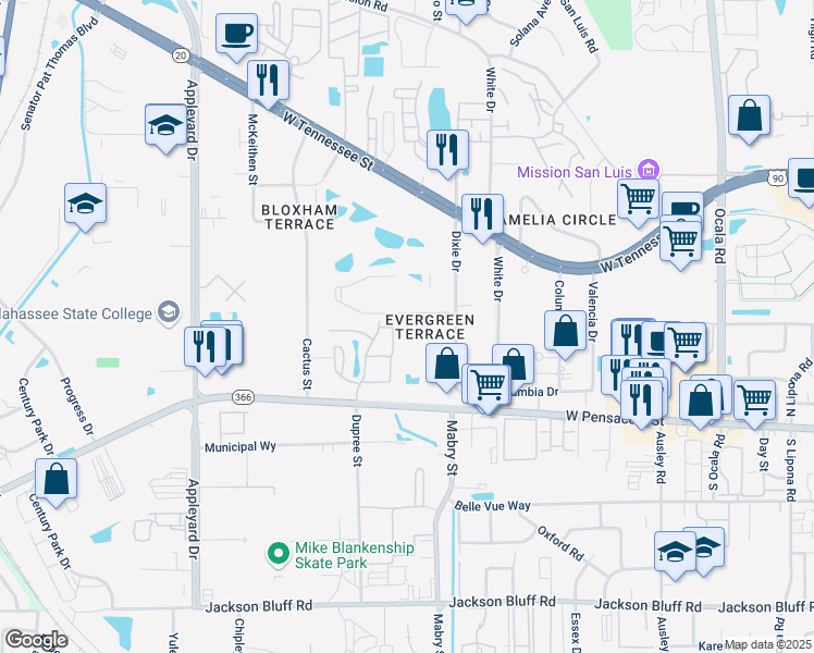 map of restaurants, bars, coffee shops, grocery stores, and more near 216 Dixie Drive in Tallahassee