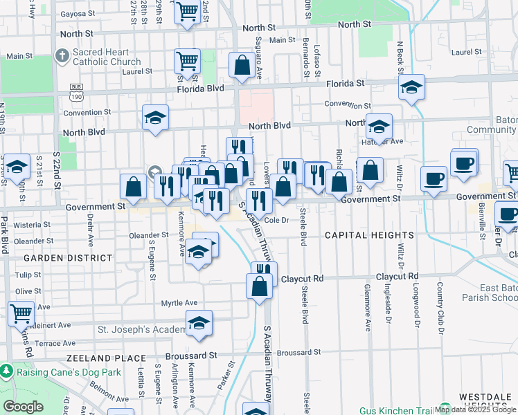 map of restaurants, bars, coffee shops, grocery stores, and more near 3550 Government Street in Baton Rouge