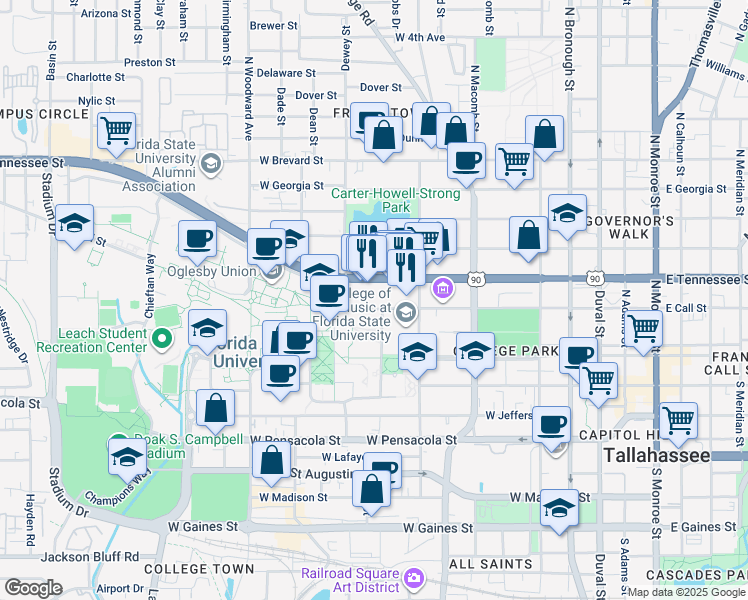 map of restaurants, bars, coffee shops, grocery stores, and more near 636 West Call Street in Tallahassee