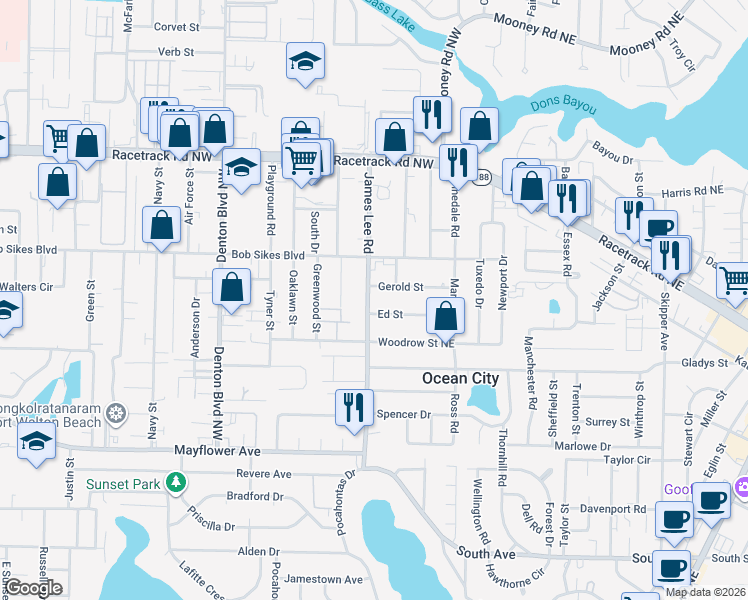 map of restaurants, bars, coffee shops, grocery stores, and more near 708 James Lee Road in Fort Walton Beach