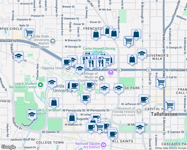 map of restaurants, bars, coffee shops, grocery stores, and more near 636 West Call Street in Tallahassee