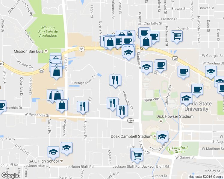 map of restaurants, bars, coffee shops, grocery stores, and more near 229 Chapel Drive in Tallahassee