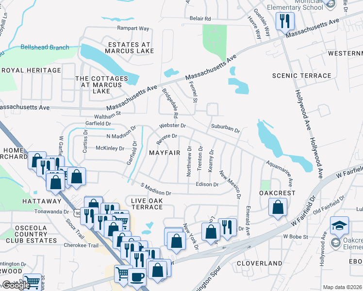 map of restaurants, bars, coffee shops, grocery stores, and more near 1026 Potomac Drive in Pensacola