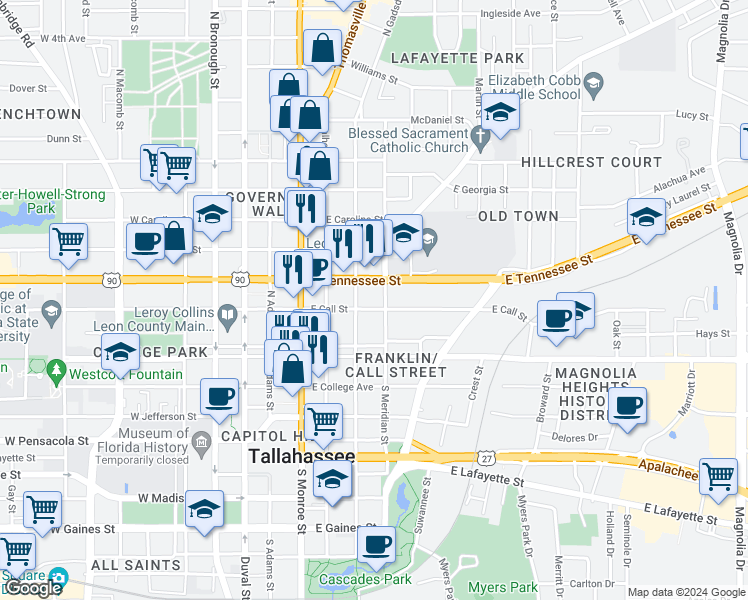 map of restaurants, bars, coffee shops, grocery stores, and more near 420 East Call Street in Tallahassee