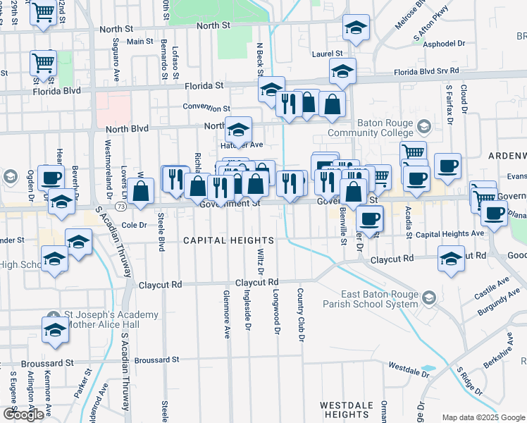 map of restaurants, bars, coffee shops, grocery stores, and more near 513 Wiltz Drive in Baton Rouge