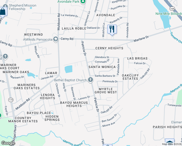 map of restaurants, bars, coffee shops, grocery stores, and more near 3150 Patricia Drive in Pensacola