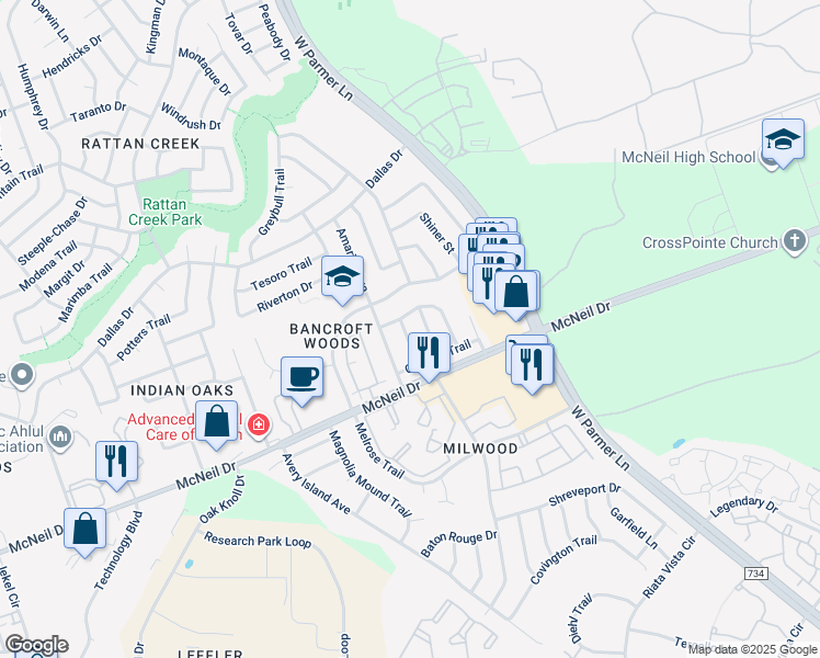 map of restaurants, bars, coffee shops, grocery stores, and more near 13107 Sinton Lane in Austin