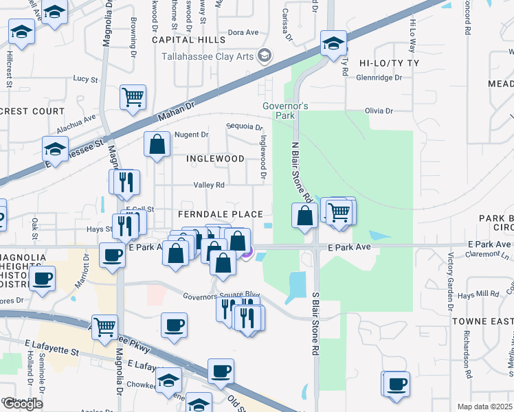 map of restaurants, bars, coffee shops, grocery stores, and more near 115 Ferndale Drive in Tallahassee