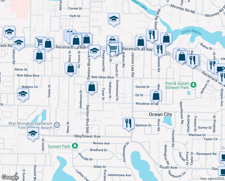map of restaurants, bars, coffee shops, grocery stores, and more near 709 Oaklawn Street in Fort Walton Beach
