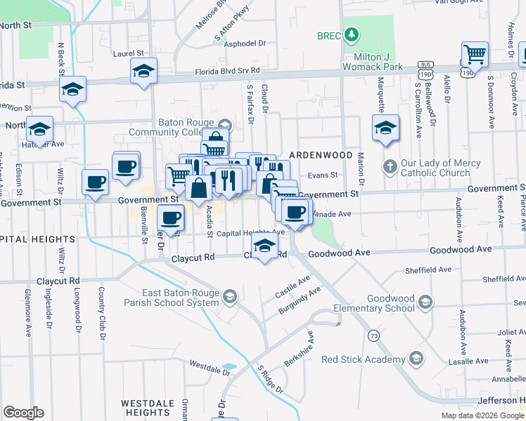 map of restaurants, bars, coffee shops, grocery stores, and more near 577 Franklin Street in Baton Rouge