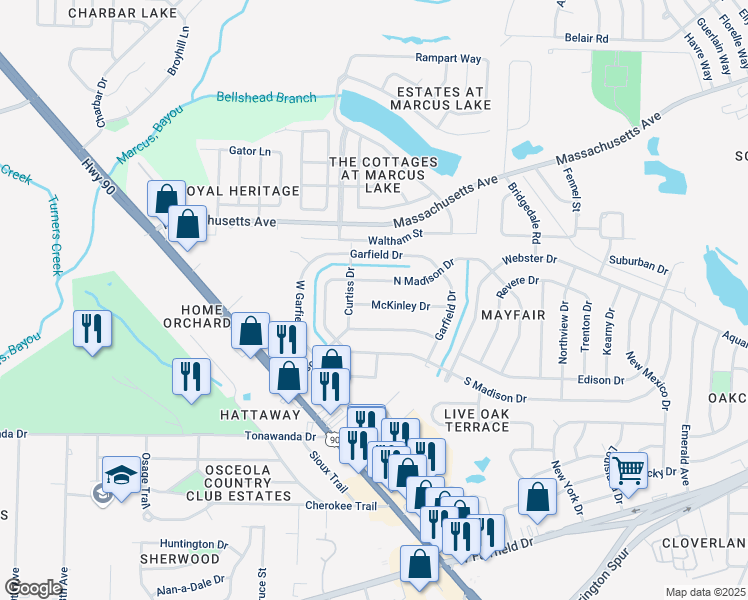 map of restaurants, bars, coffee shops, grocery stores, and more near 206 McKinley Drive in Pensacola