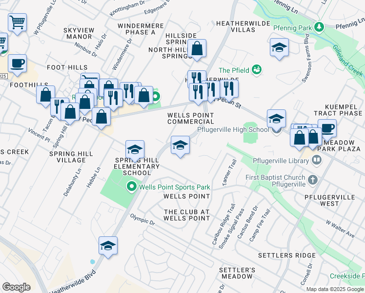 map of restaurants, bars, coffee shops, grocery stores, and more near 401 South Heatherwilde Boulevard in Pflugerville