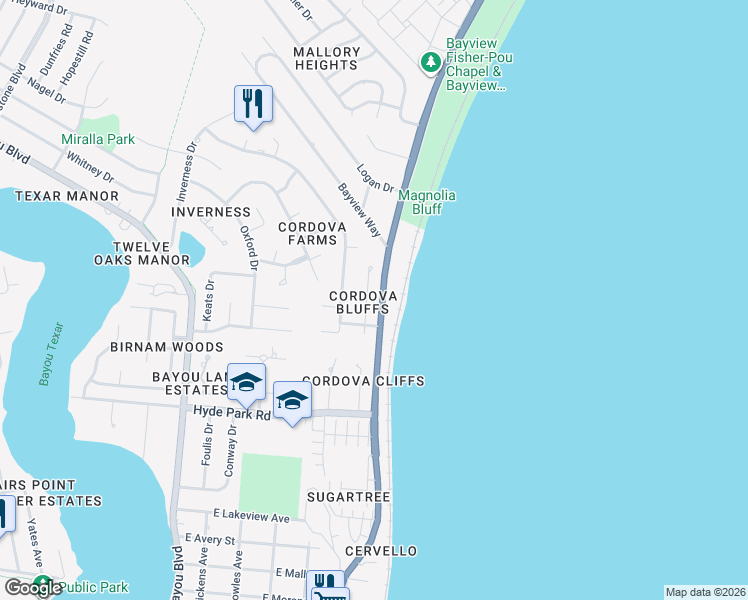 map of restaurants, bars, coffee shops, grocery stores, and more near 2420 Bluffs Cir in Pensacola