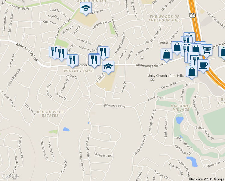 map of restaurants, bars, coffee shops, grocery stores, and more near 11600 Medallion Lane in Austin