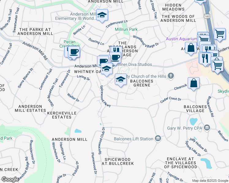 map of restaurants, bars, coffee shops, grocery stores, and more near 101 Tin Cup Drive in Austin