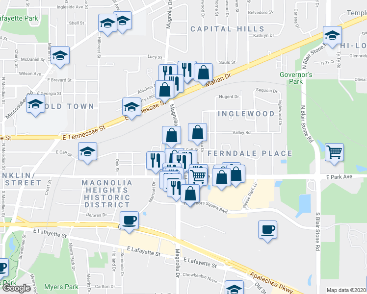 map of restaurants, bars, coffee shops, grocery stores, and more near 209 North Magnolia Drive in Tallahassee