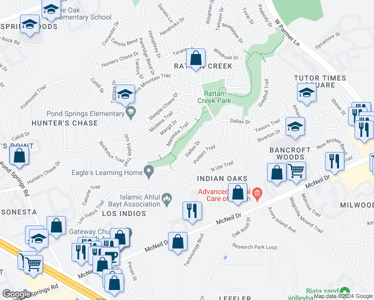 map of restaurants, bars, coffee shops, grocery stores, and more near 7440 Dallas Drive in Austin