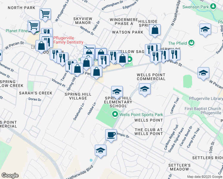 map of restaurants, bars, coffee shops, grocery stores, and more near Old Austin Pflugerville Road in Pflugerville