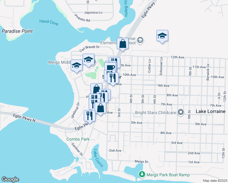 map of restaurants, bars, coffee shops, grocery stores, and more near 4 9th Avenue in Shalimar
