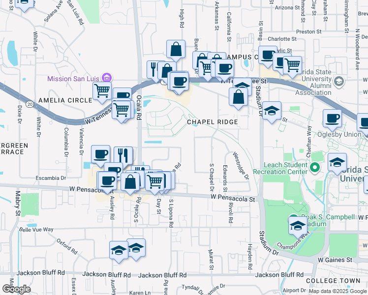 map of restaurants, bars, coffee shops, grocery stores, and more near 223 North Lipona Road in Tallahassee