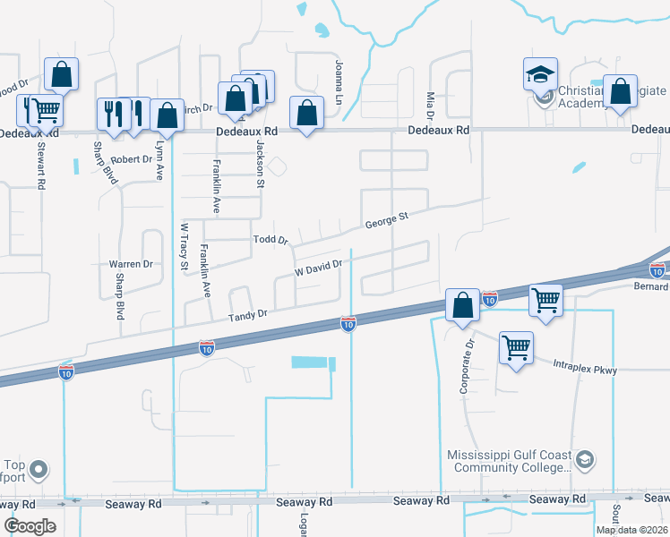 map of restaurants, bars, coffee shops, grocery stores, and more near 600 Tandy Drive in Gulfport