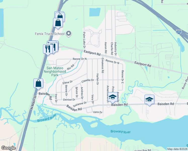 map of restaurants, bars, coffee shops, grocery stores, and more near 11427 Vera Drive in Jacksonville