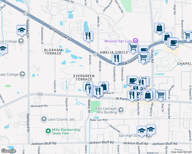map of restaurants, bars, coffee shops, grocery stores, and more near 227 Dixie Drive in Tallahassee