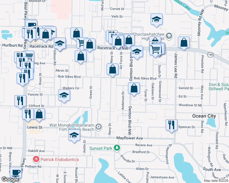 map of restaurants, bars, coffee shops, grocery stores, and more near 785 Navy Street in Fort Walton Beach