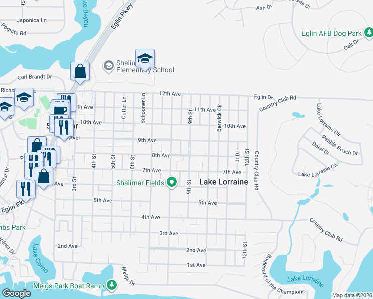 map of restaurants, bars, coffee shops, grocery stores, and more near 61 South Ninth Street in Shalimar