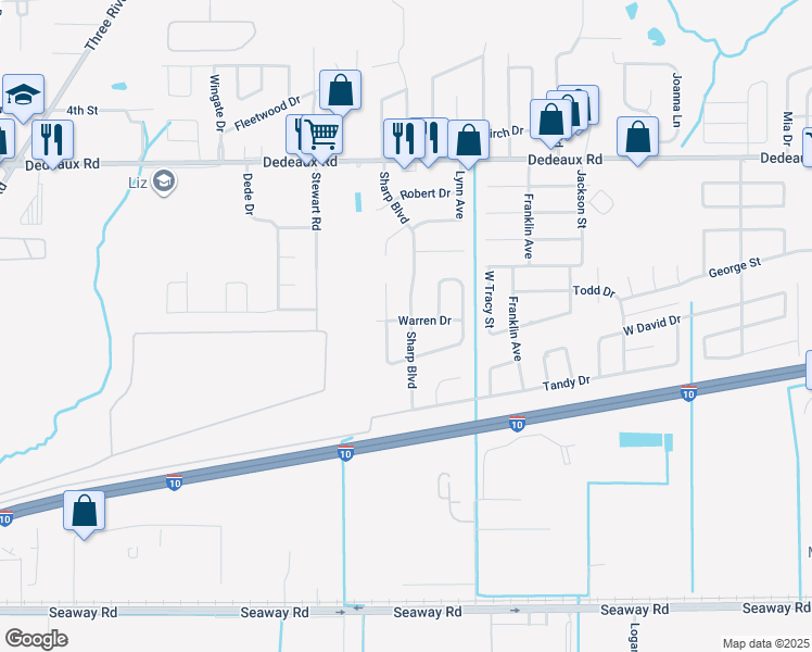map of restaurants, bars, coffee shops, grocery stores, and more near 10593 Sharp Boulevard in Gulfport