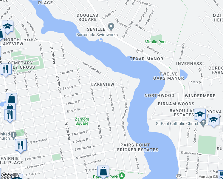 map of restaurants, bars, coffee shops, grocery stores, and more near 2660 Magnolia Avenue in Pensacola