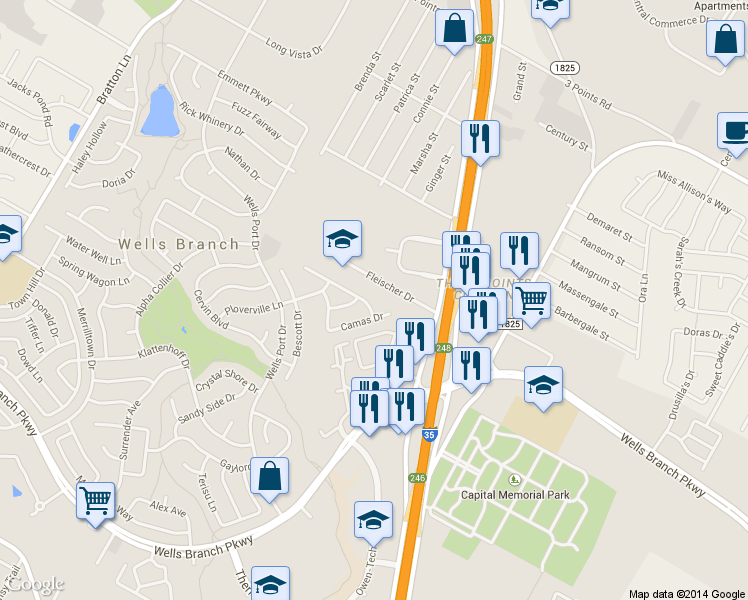 map of restaurants, bars, coffee shops, grocery stores, and more near 14909 Purslane Meadow Trail in Austin