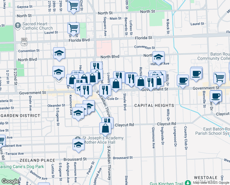 map of restaurants, bars, coffee shops, grocery stores, and more near 3672 Government Street in Baton Rouge