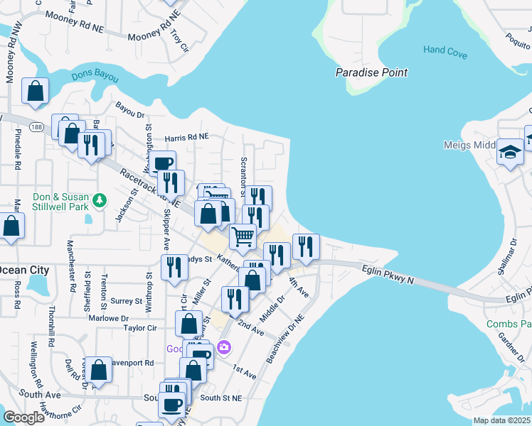 map of restaurants, bars, coffee shops, grocery stores, and more near 117 Beach Drive in Fort Walton Beach