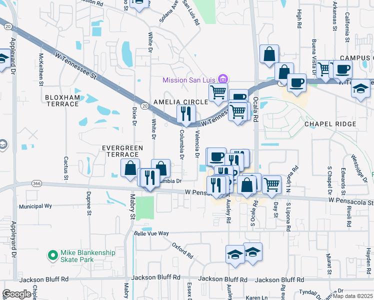 map of restaurants, bars, coffee shops, grocery stores, and more near 214 Valencia Drive in Tallahassee