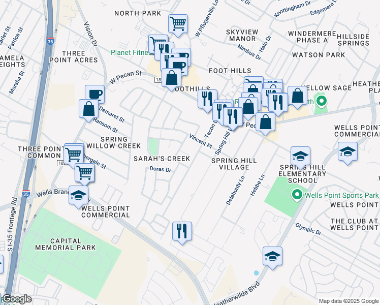 map of restaurants, bars, coffee shops, grocery stores, and more near 1008 Betty Baker Cove in Pflugerville