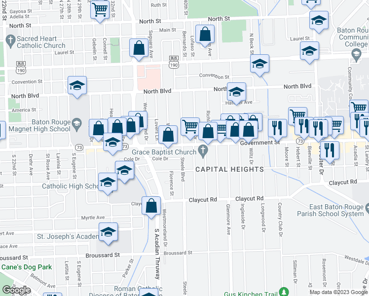 map of restaurants, bars, coffee shops, grocery stores, and more near 3808 Government Street in Baton Rouge