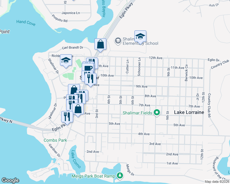 map of restaurants, bars, coffee shops, grocery stores, and more near 15 Mae Winn Avenue in Shalimar
