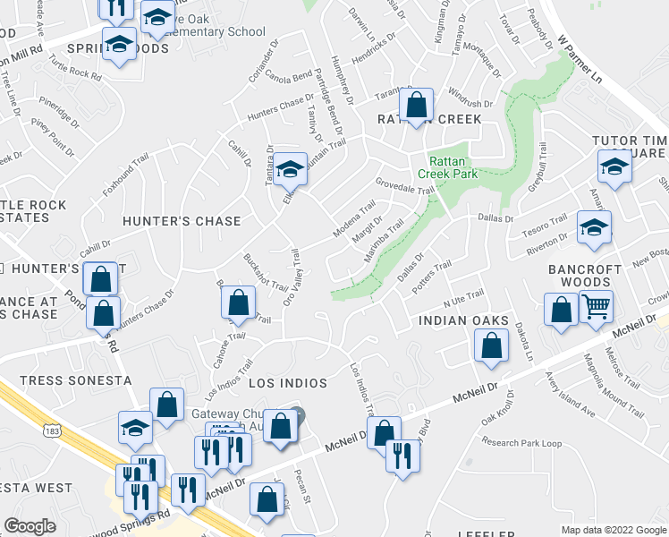 map of restaurants, bars, coffee shops, grocery stores, and more near 12607 Olympiad Drive in Austin